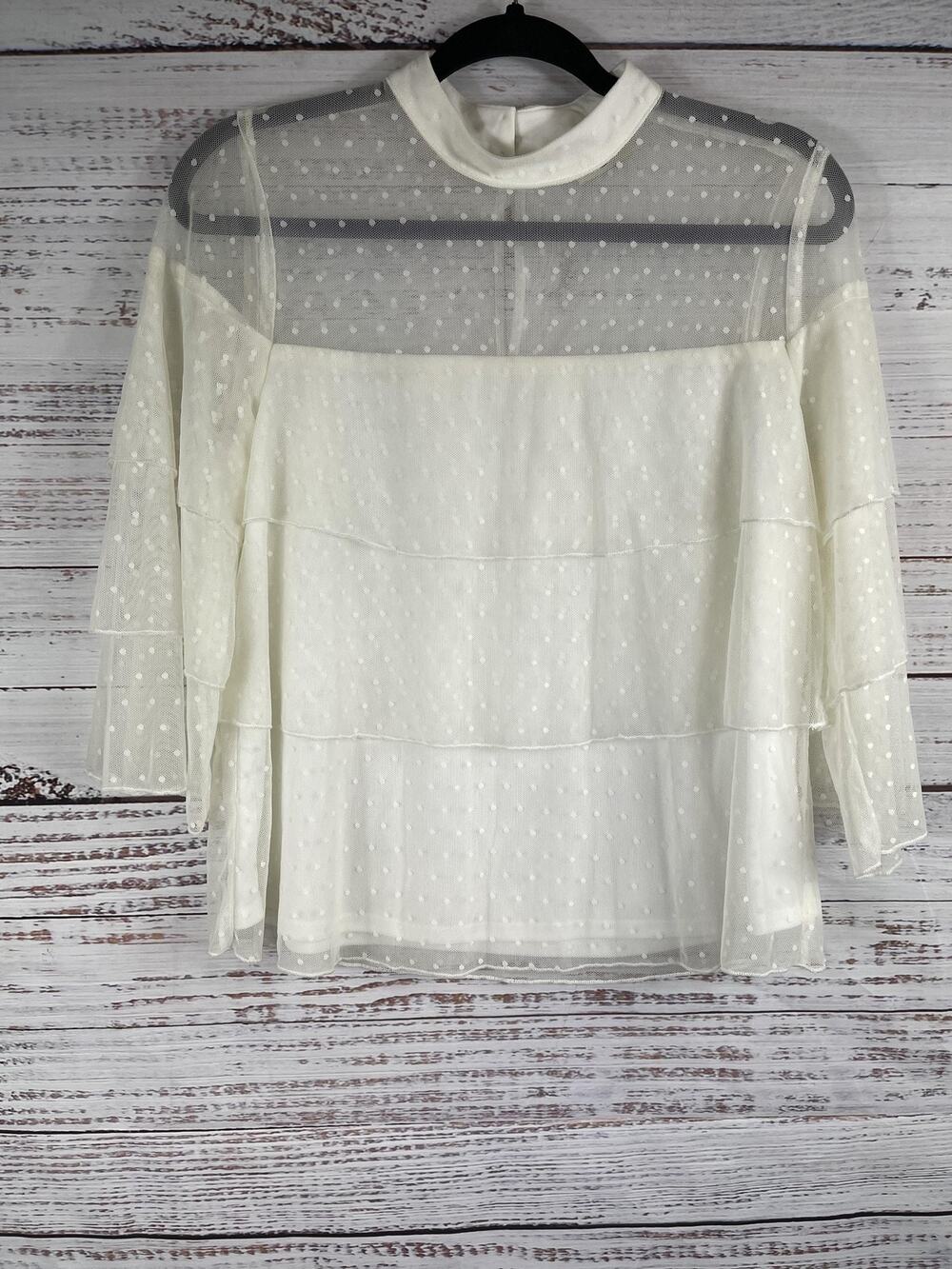 Show Me Your Mumu Blouse Women's SZ L Sheer Polka Dot Mock Neck Layered Mesh